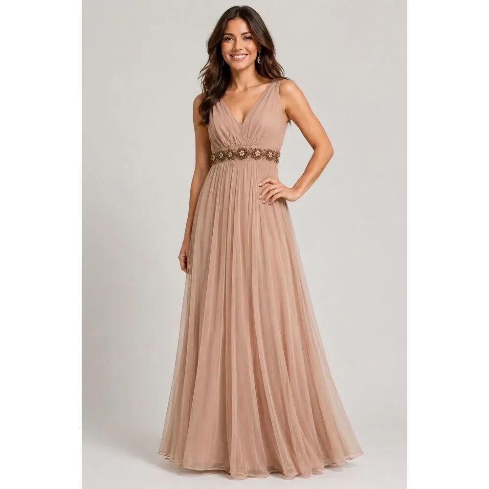 Teri Jon Rickie Freeman Beaded Silk Chiffon Formal Gown Blush Size 4